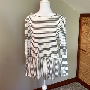 Ginger G Black White Stripe Long Sleeve Ruffle Top Blouse Medium